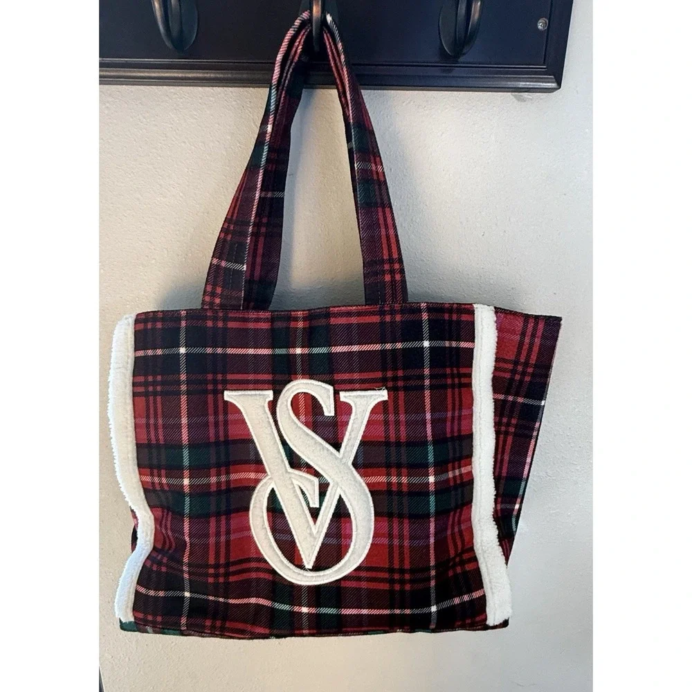 Victoria's Secret VS Faux Fur‎ Sherpa Plaid Flannel Large Tote Bag Purse Red